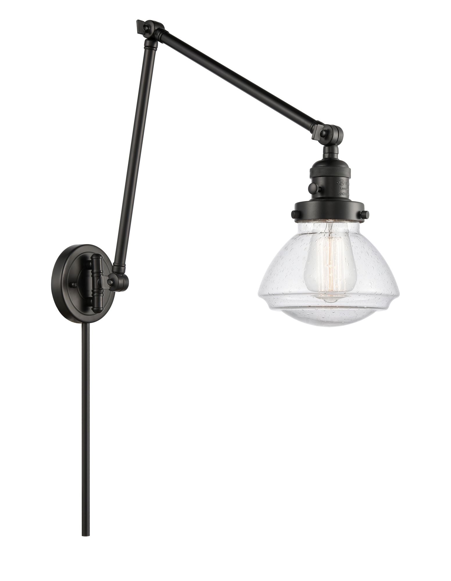 238-BK-G324 1-Light 8.75" Matte Black Swing Arm - Seedy Olean Glass - LED Bulb - Dimmensions: 8.75 x 28.125 x 27.75 - Glass Up or Down: Yes