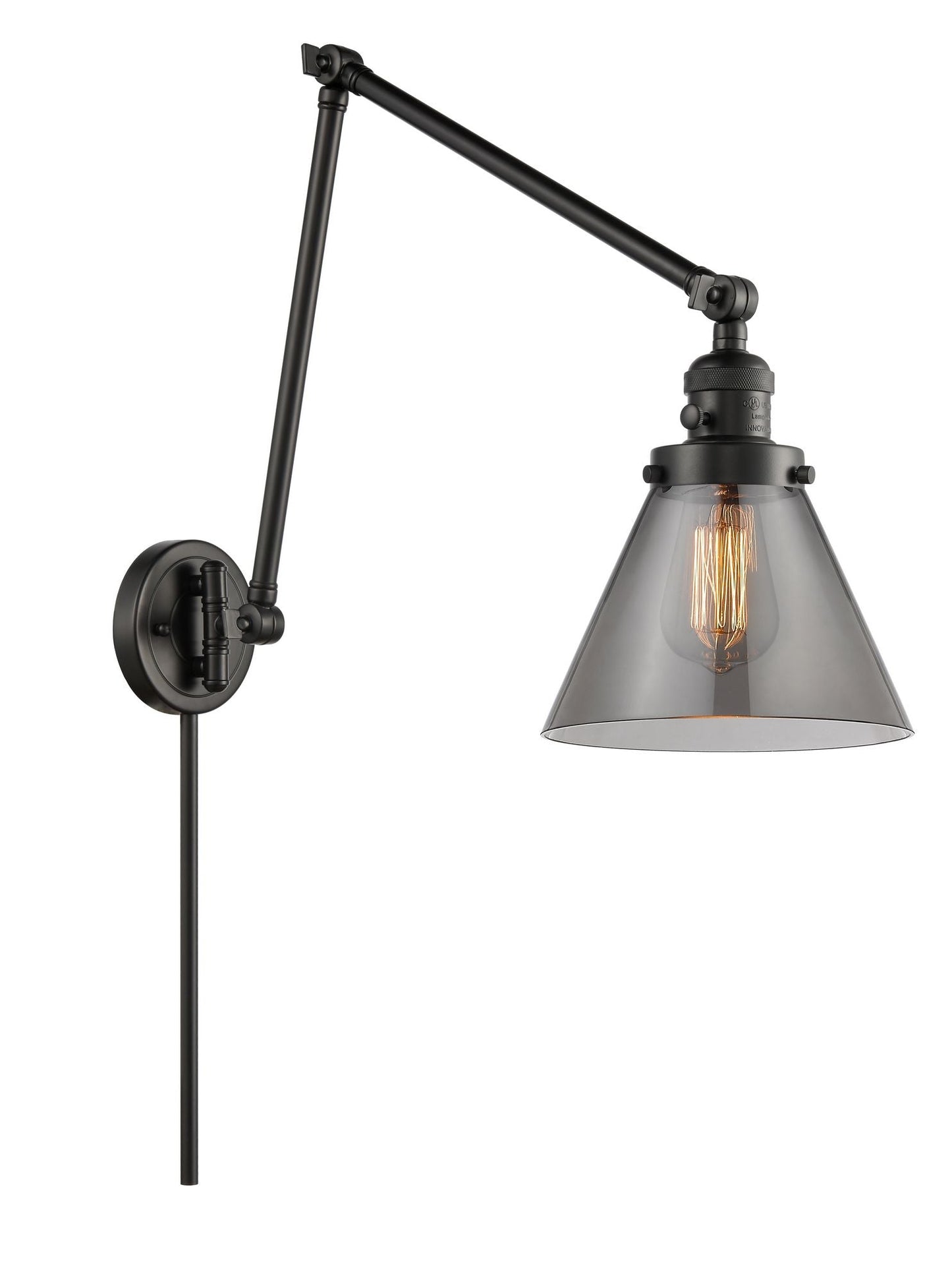 238-BK-G43 1-Light 8" Matte Black Swing Arm - Plated Smoke Large Cone Glass - LED Bulb - Dimmensions: 8 x 30 x 30 - Glass Up or Down: Yes