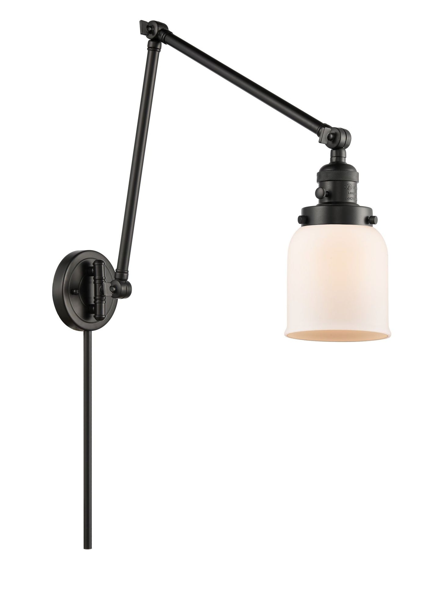 238-BK-G51 1-Light 8" Matte Black Swing Arm - Matte White Cased Small Bell Glass - LED Bulb - Dimmensions: 8 x 30 x 30 - Glass Up or Down: Yes