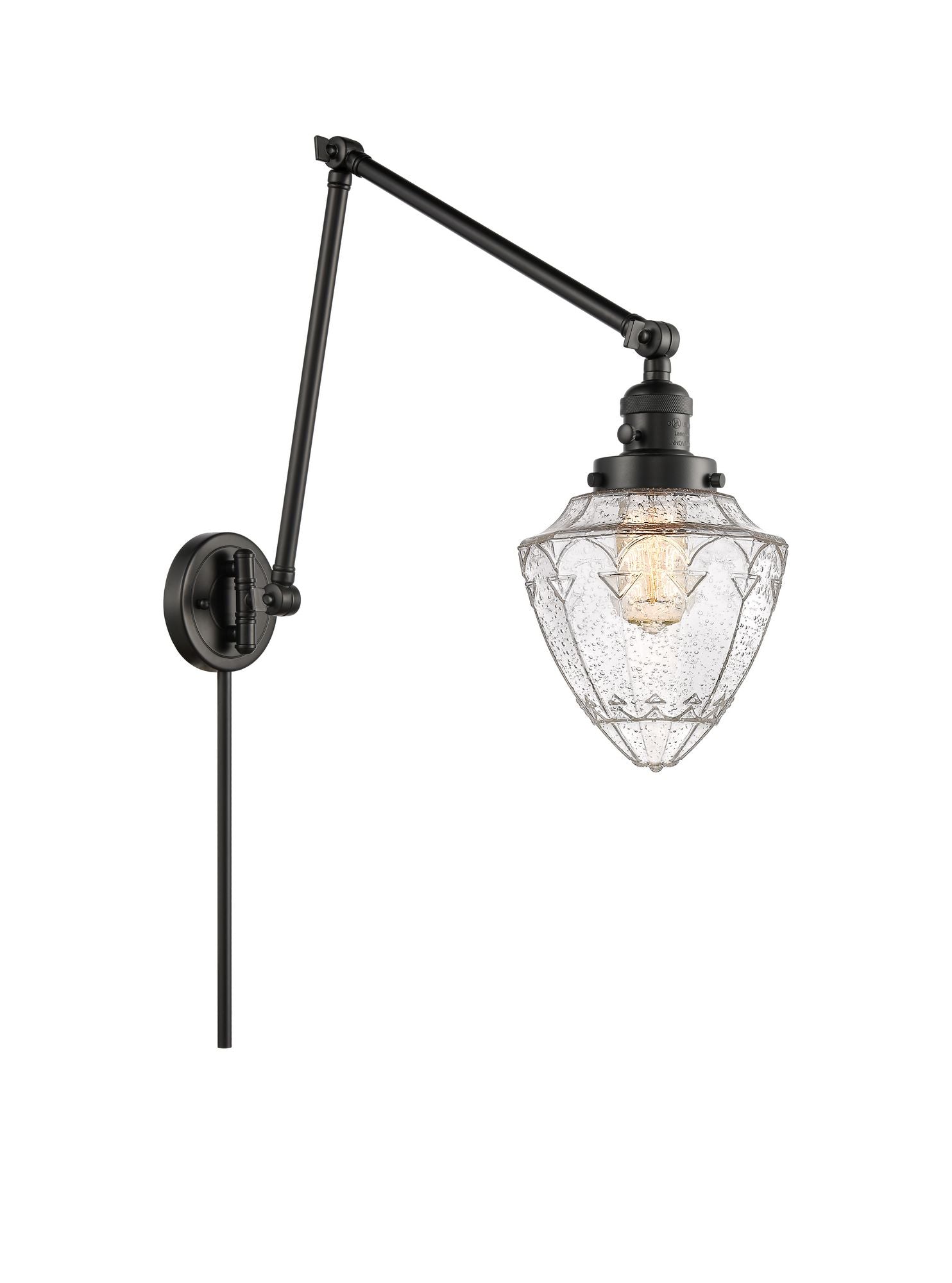 238-BK-G664-7 1-Light 7" Matte Black Swing Arm - Seedy Small Bullet Glass - LED Bulb - Dimmensions: 7 x 31.5 x 15.75 - Glass Up or Down: Yes