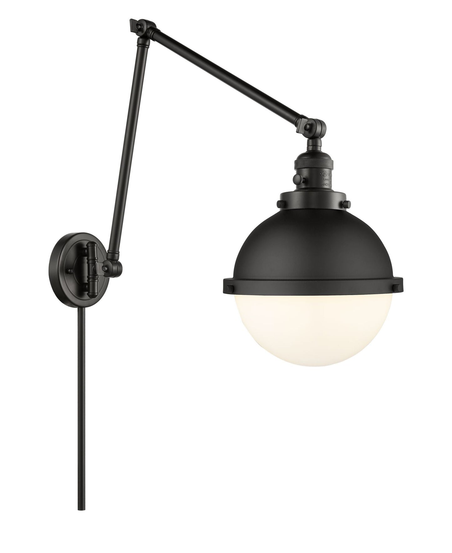1-Light 9" Matte Black Swing Arm - Matte White Hampden Glass - Incandesent Or LED Bulbs