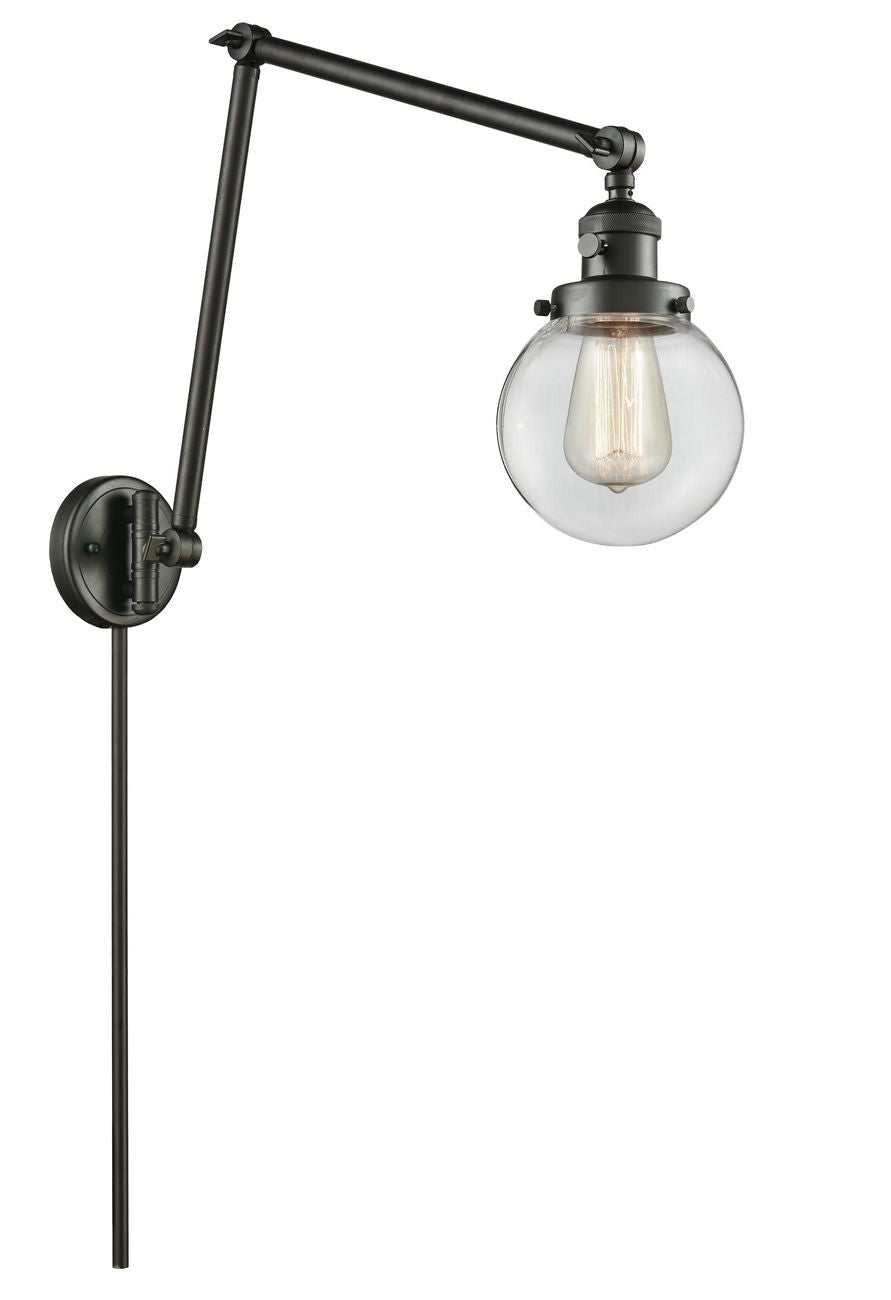 238-OB-G202-6 1-Light 6" Oil Rubbed Bronze Swing Arm - Clear Beacon Glass - LED Bulb - Dimmensions: 6 x 30 x 30 - Glass Up or Down: Yes