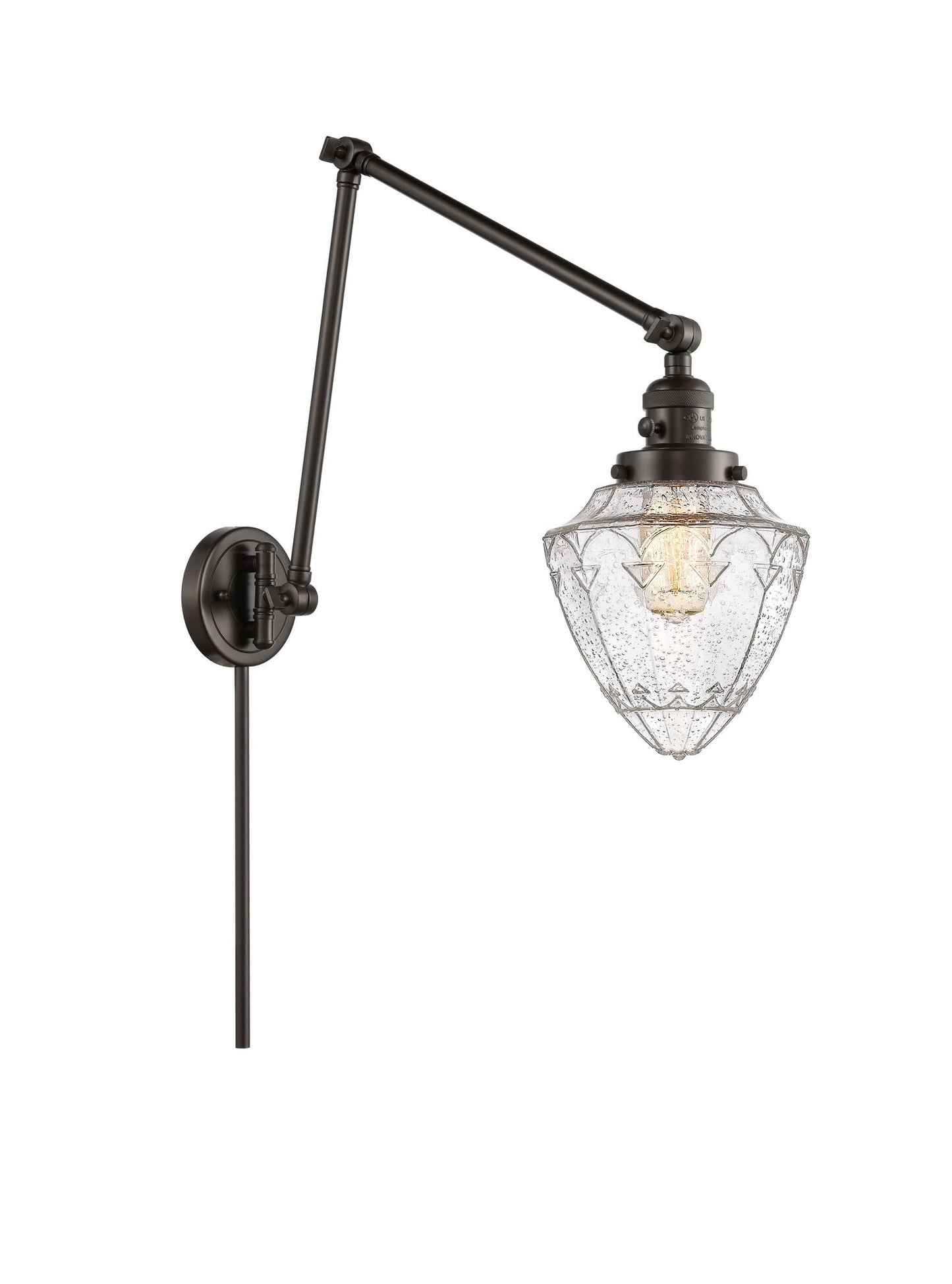 238-OB-G664-7 1-Light 7" Oil Rubbed Bronze Swing Arm - Seedy Small Bullet Glass - LED Bulb - Dimmensions: 7 x 31.5 x 15.75 - Glass Up or Down: Yes