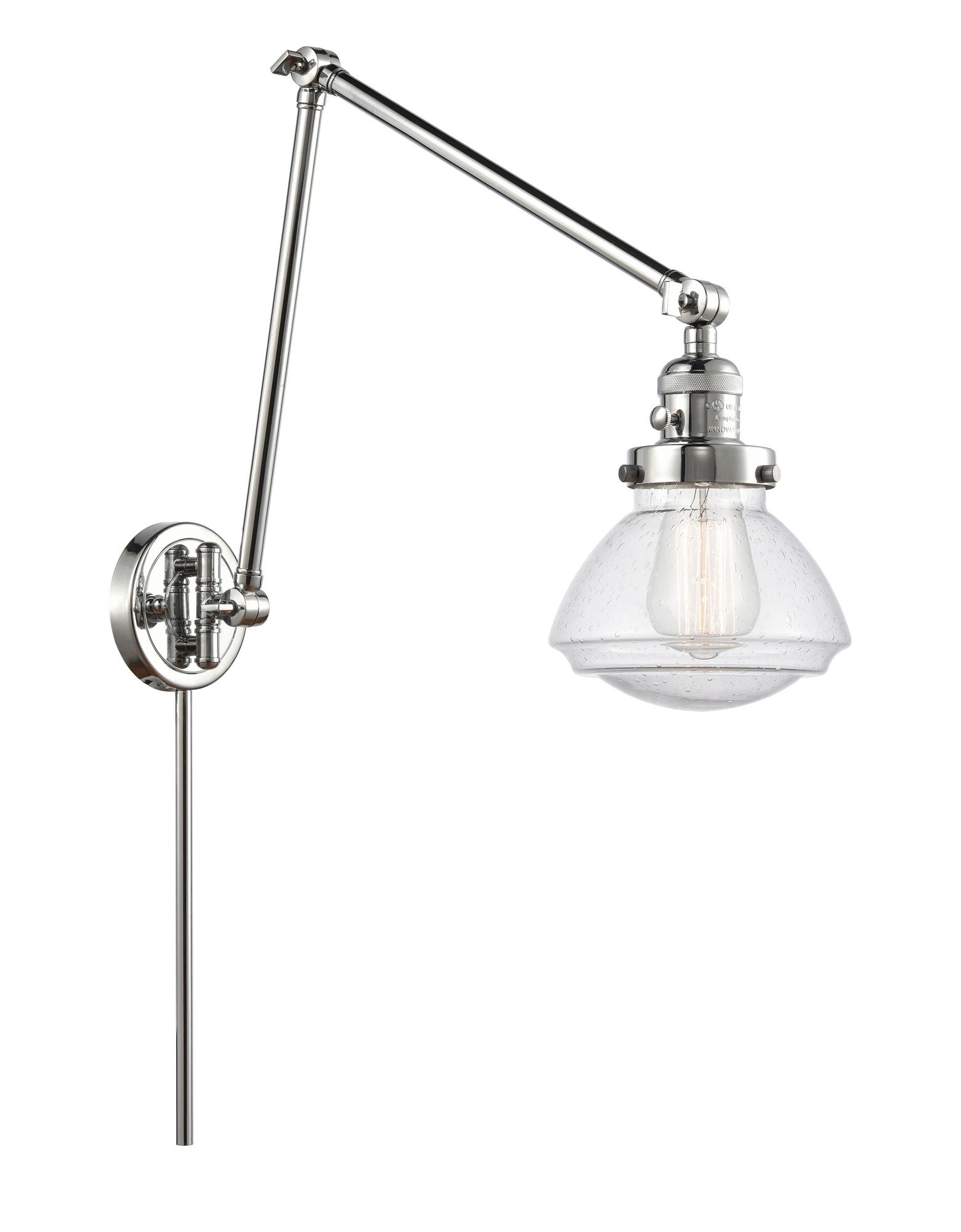 238-PC-G324 1-Light 8.75" Polished Chrome Swing Arm - Seedy Olean Glass - LED Bulb - Dimmensions: 8.75 x 28.125 x 27.75 - Glass Up or Down: Yes