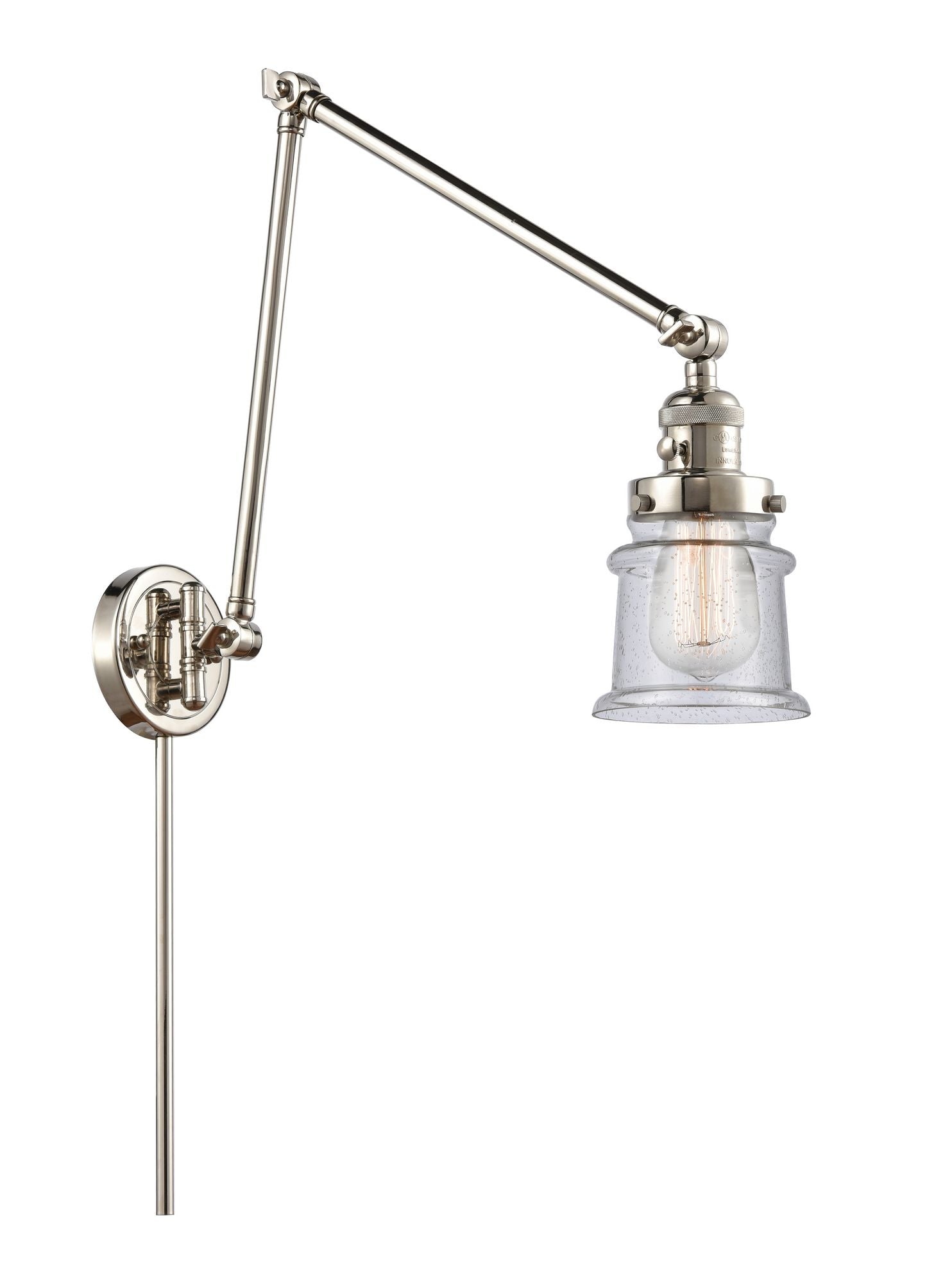238-PN-G184S 1-Light 8" Polished Nickel Swing Arm - Seedy Small Canton Glass - LED Bulb - Dimmensions: 8 x 30 x 30 - Glass Up or Down: Yes