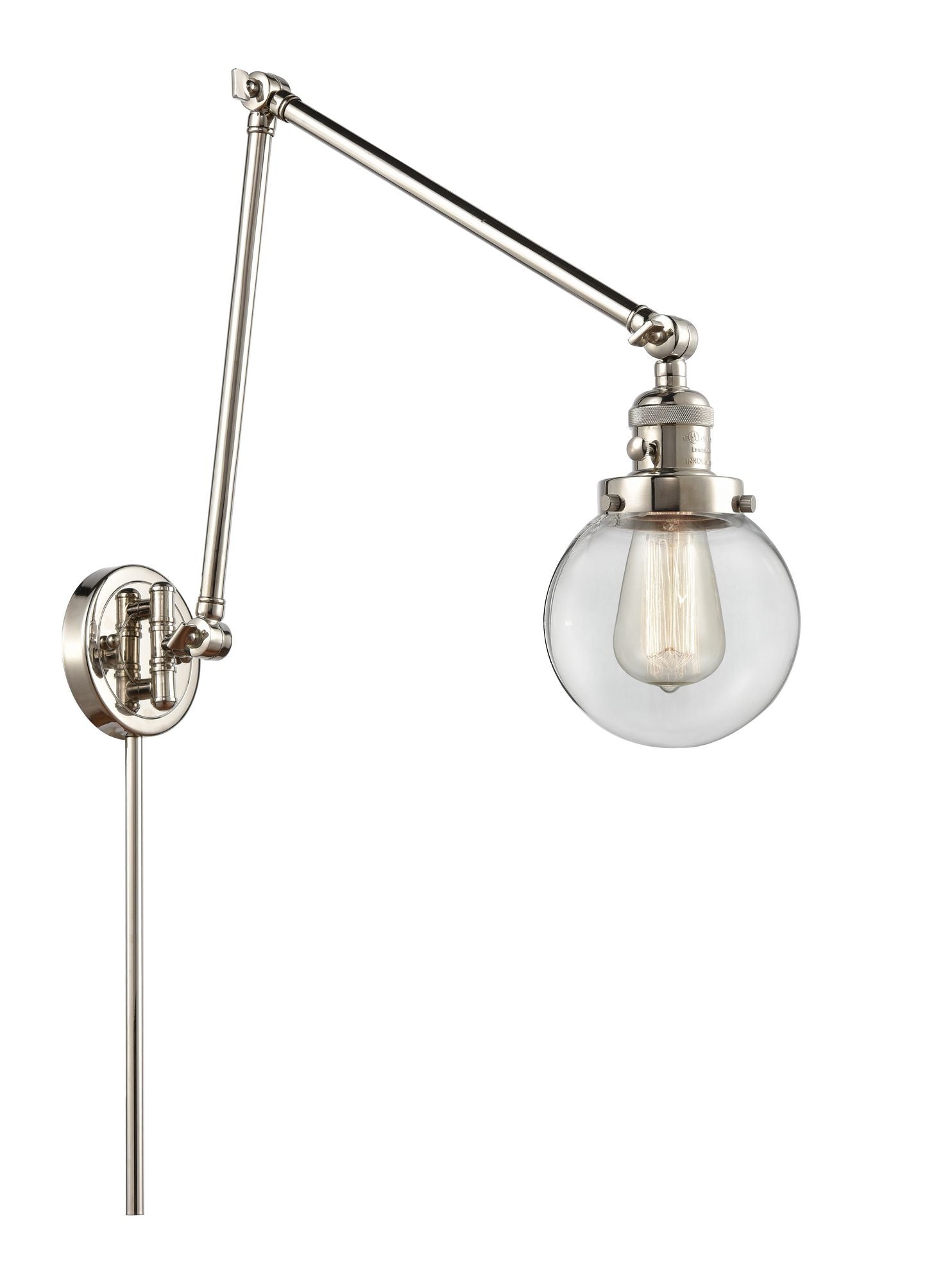 238-PN-G202-6 1-Light 6" Polished Nickel Swing Arm - Clear Beacon Glass - LED Bulb - Dimmensions: 6 x 30 x 30 - Glass Up or Down: Yes