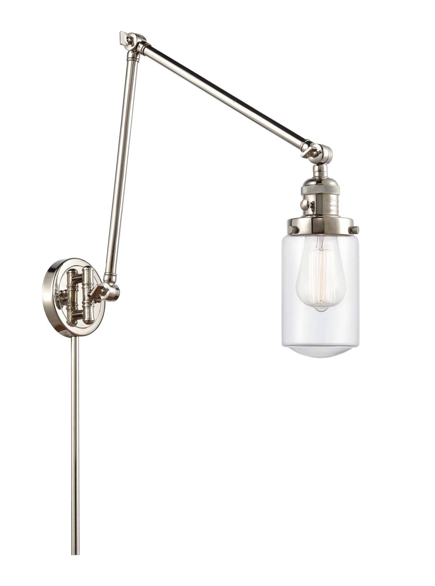 238-PN-G312 1-Light 4.5" Polished Nickel Swing Arm - Clear Dover Glass - LED Bulb - Dimmensions: 4.5 x 30 x 30.75 - Glass Up or Down: Yes