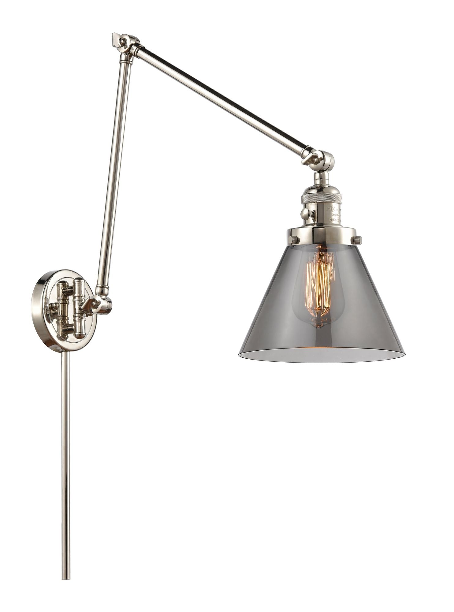238-PN-G43 1-Light 8" Polished Nickel Swing Arm - Plated Smoke Large Cone Glass - LED Bulb - Dimmensions: 8 x 30 x 30 - Glass Up or Down: Yes