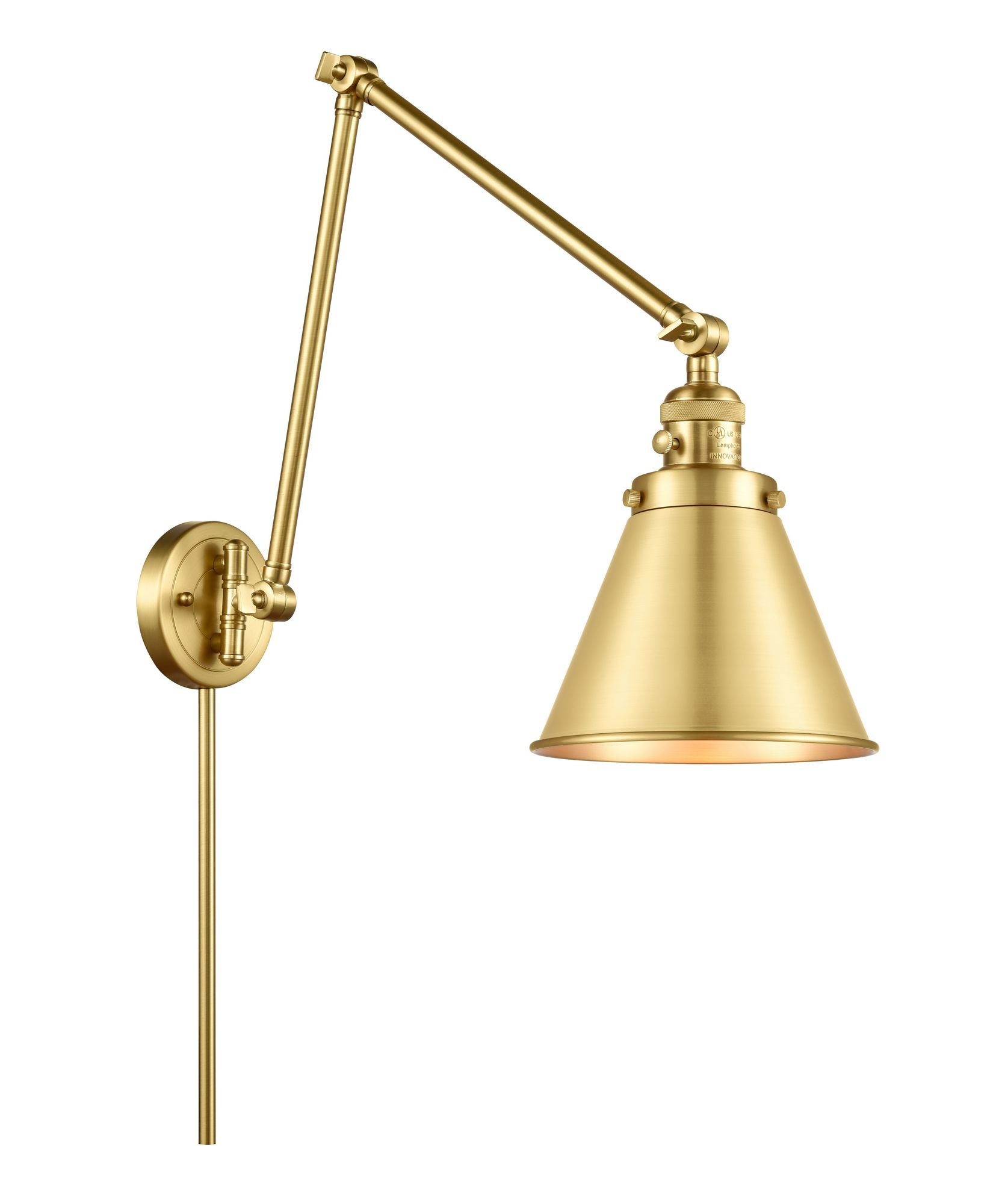 1-Light 8" Satin Gold Appalachian Swing Arm With Switch - Cone Satin Gold Glass - Incandesent Or LED Bulbs