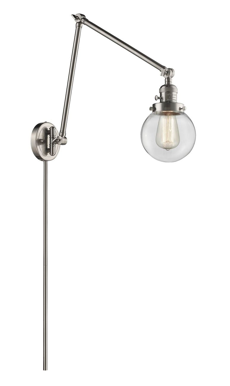 238-SN-G202-6 1-Light 6" Brushed Satin Nickel Swing Arm - Clear Beacon Glass - LED Bulb - Dimmensions: 6 x 30 x 30 - Glass Up or Down: Yes