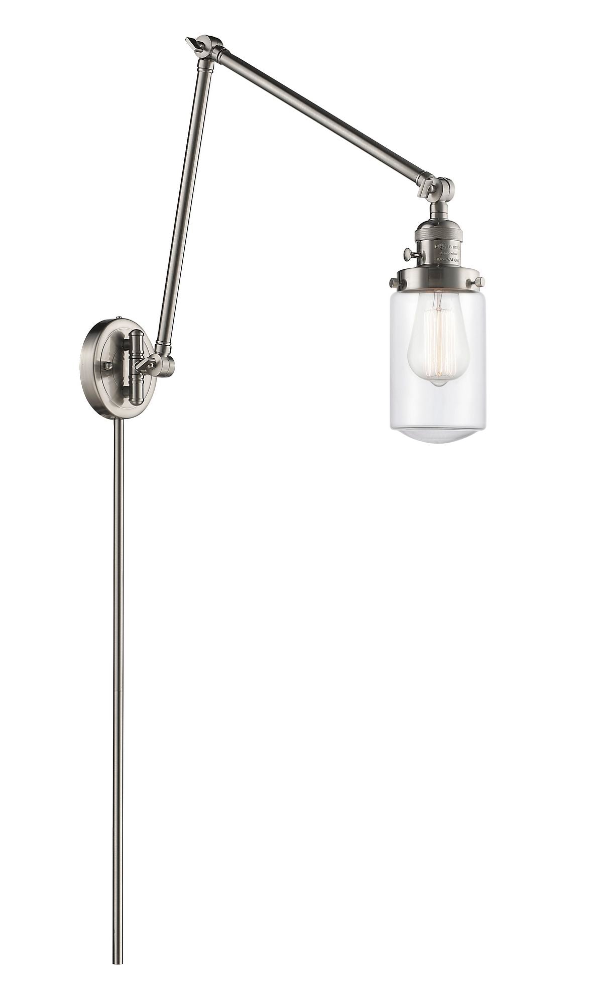 238-SN-G312 1-Light 4.5" Brushed Satin Nickel Swing Arm - Clear Dover Glass - LED Bulb - Dimmensions: 4.5 x 30 x 30.75 - Glass Up or Down: Yes