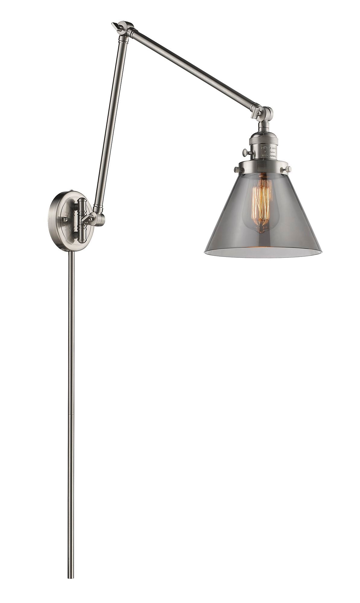238-SN-G43 1-Light 8" Brushed Satin Nickel Swing Arm - Plated Smoke Large Cone Glass - LED Bulb - Dimmensions: 8 x 30 x 30 - Glass Up or Down: Yes