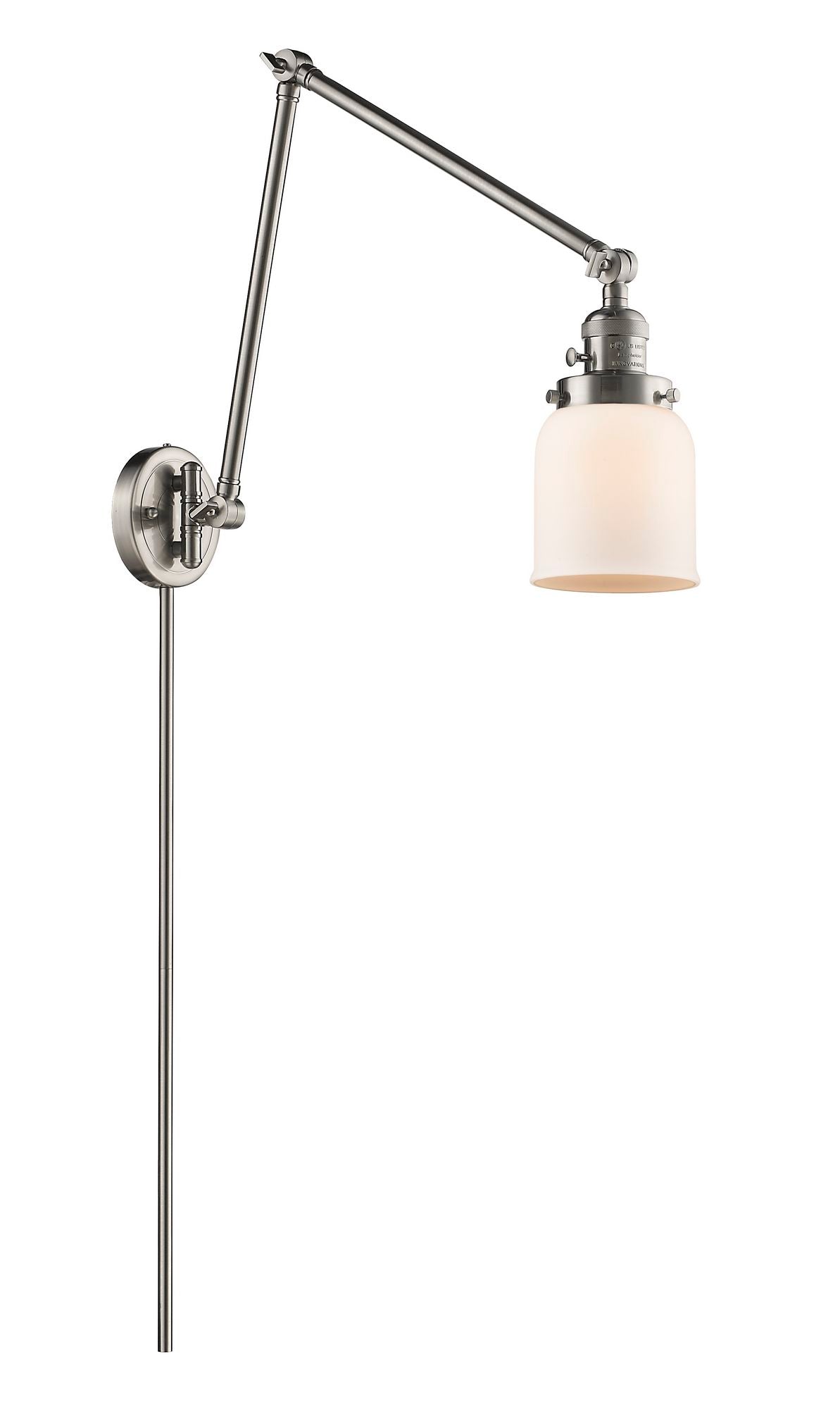 238-SN-G51 1-Light 8" Brushed Satin Nickel Swing Arm - Matte White Cased Small Bell Glass - LED Bulb - Dimmensions: 8 x 30 x 30 - Glass Up or Down: Yes