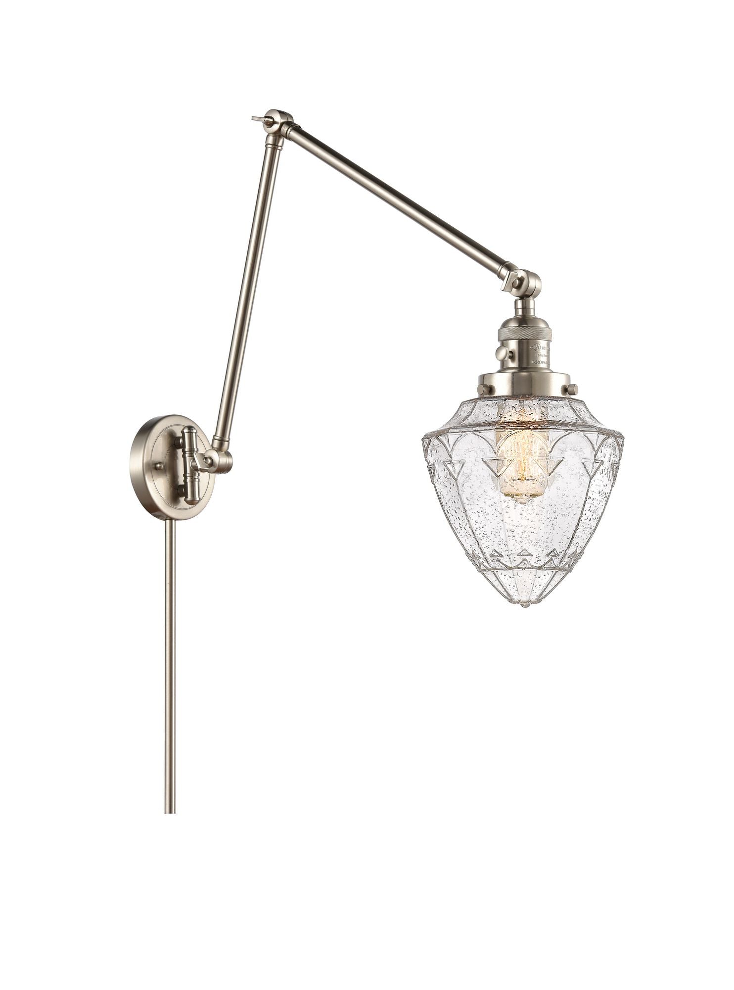 238-SN-G664-7 1-Light 7" Brushed Satin Nickel Swing Arm - Seedy Small Bullet Glass - LED Bulb - Dimmensions: 7 x 31.5 x 15.75 - Glass Up or Down: Yes