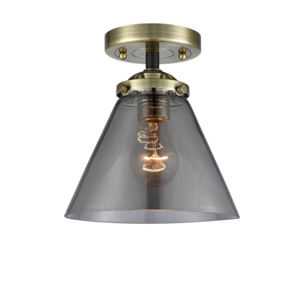 1-Light 7.75" Large Cone Semi-Flush Mount - Cone Plated Smoke Glass - Choice of Finish And Incandesent Or LED Bulbs