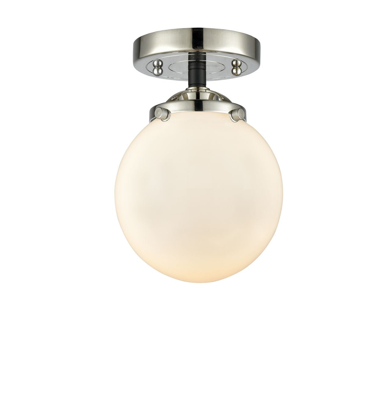 284-1C-BPN-G201-6 1-Light 6" Black Polished Nickel Semi-Flush Mount - Matte White Cased Beacon Glass - LED Bulb - Dimmensions: 6 x 6 x 8.125 - Sloped Ceiling Compatible: No