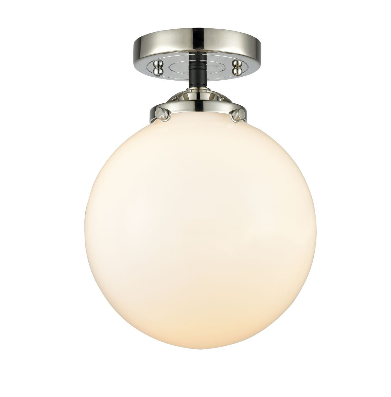 284-1C-BPN-G201-8 1-Light 8" Black Polished Nickel Semi-Flush Mount - Matte White Cased Beacon Glass - LED Bulb - Dimmensions: 8 x 8 x 10.125 - Sloped Ceiling Compatible: No