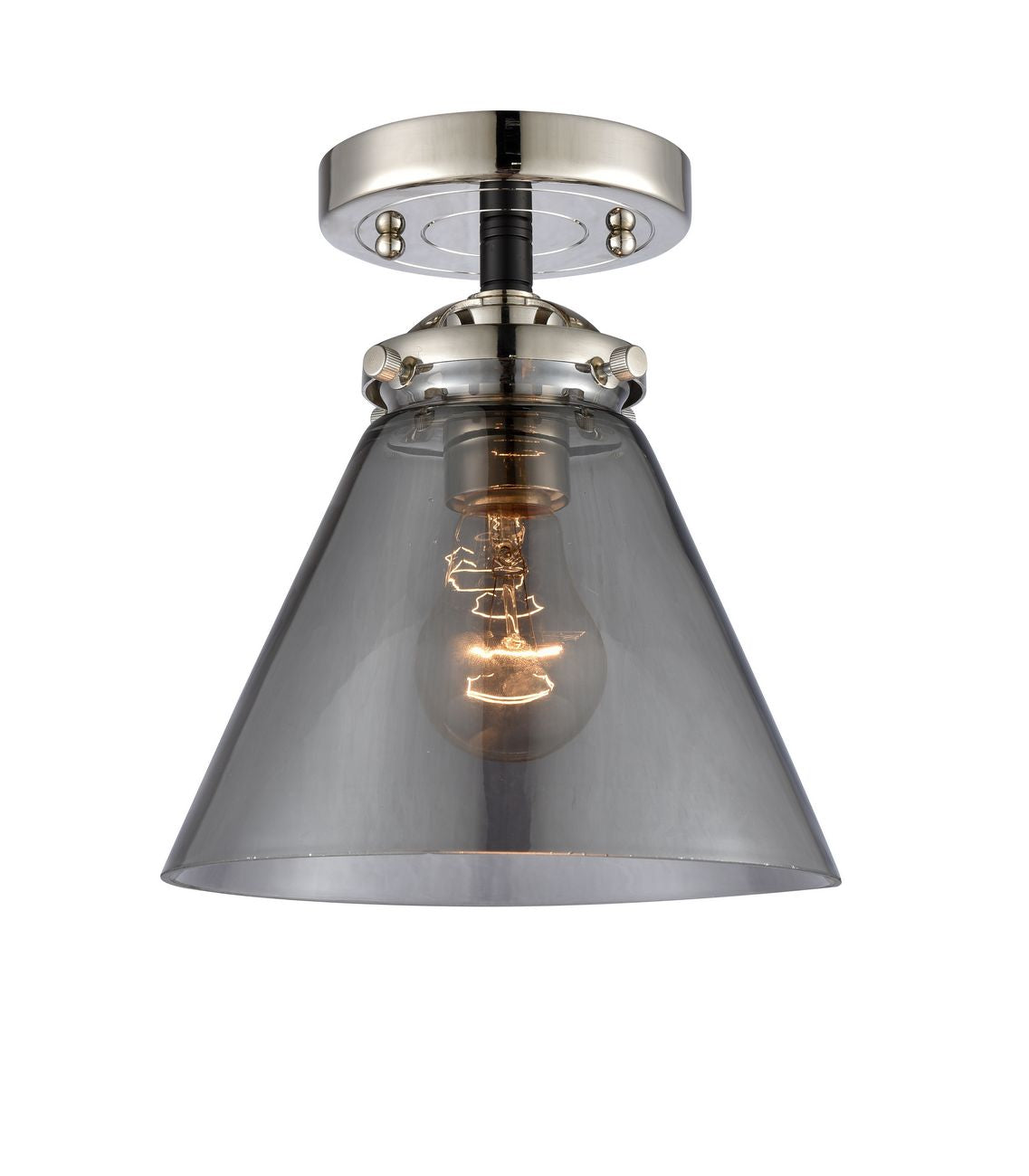 284-1C-BPN-G43 1-Light 7.75" Black Polished Nickel Semi-Flush Mount - Plated Smoke Large Cone Glass - LED Bulb - Dimmensions: 7.75 x 7.75 x 8.375 - Sloped Ceiling Compatible: No