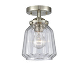 284-1C-SN-G142 1-Light 7" Brushed Satin Nickel Semi-Flush Mount - Clear Chatham Glass - LED Bulb - Dimmensions: 7 x 7 x 8.125 - Sloped Ceiling Compatible: No