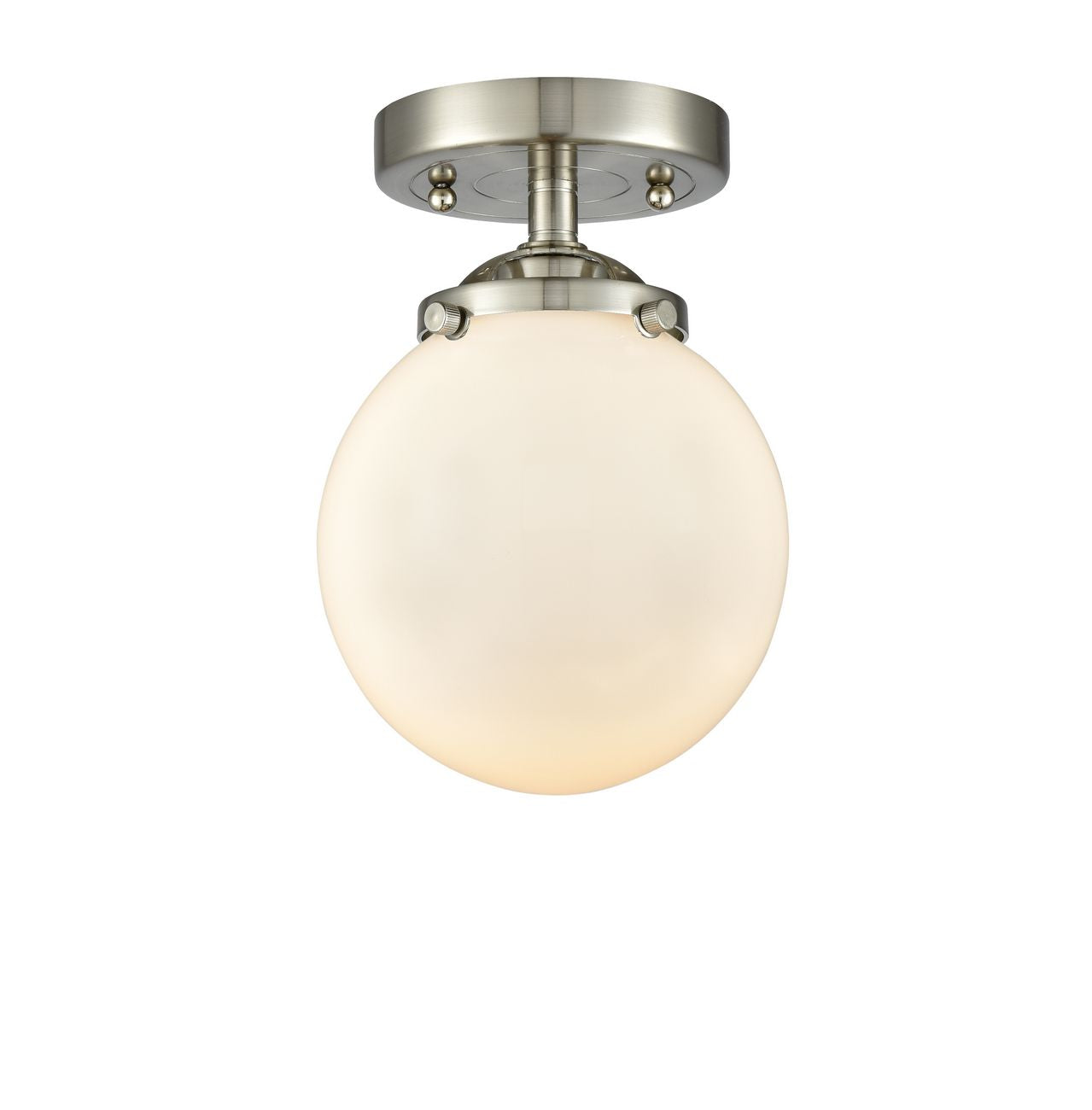 284-1C-SN-G201-6 1-Light 6" Brushed Satin Nickel Semi-Flush Mount - Matte White Cased Beacon Glass - LED Bulb - Dimmensions: 6 x 6 x 8.125 - Sloped Ceiling Compatible: No