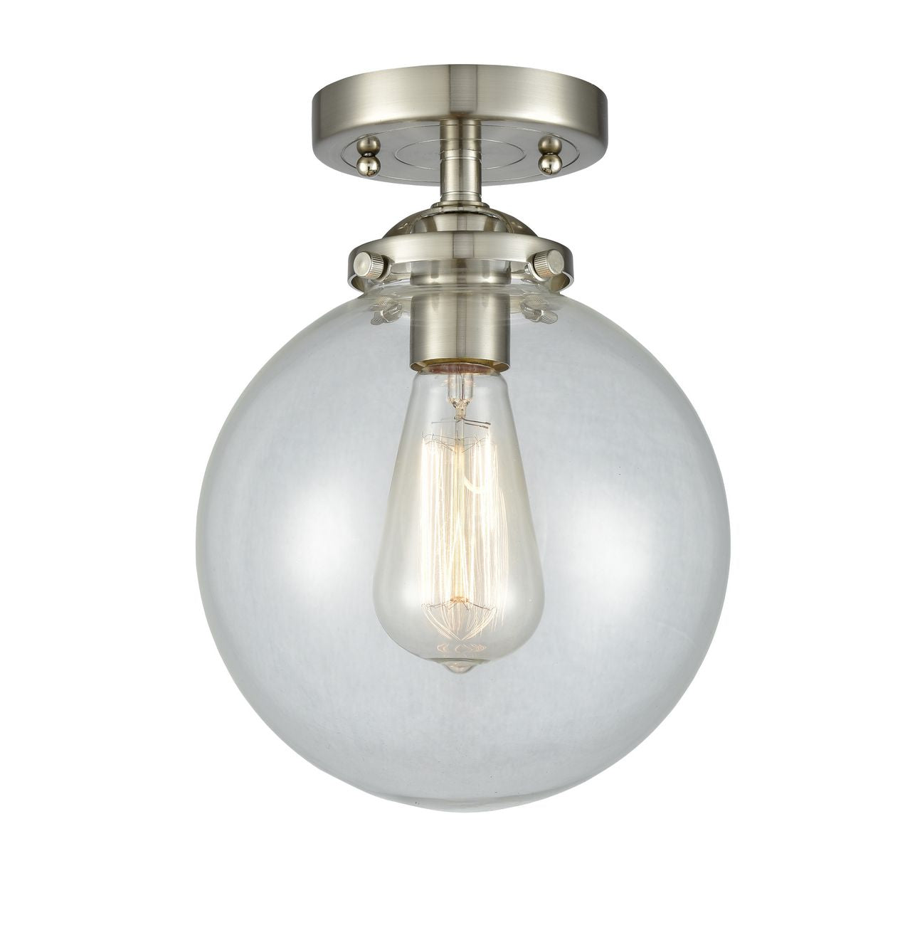 284-1C-SN-G202-8 1-Light 8" Brushed Satin Nickel Semi-Flush Mount - Clear Beacon Glass - LED Bulb - Dimmensions: 8 x 8 x 10.125 - Sloped Ceiling Compatible: No