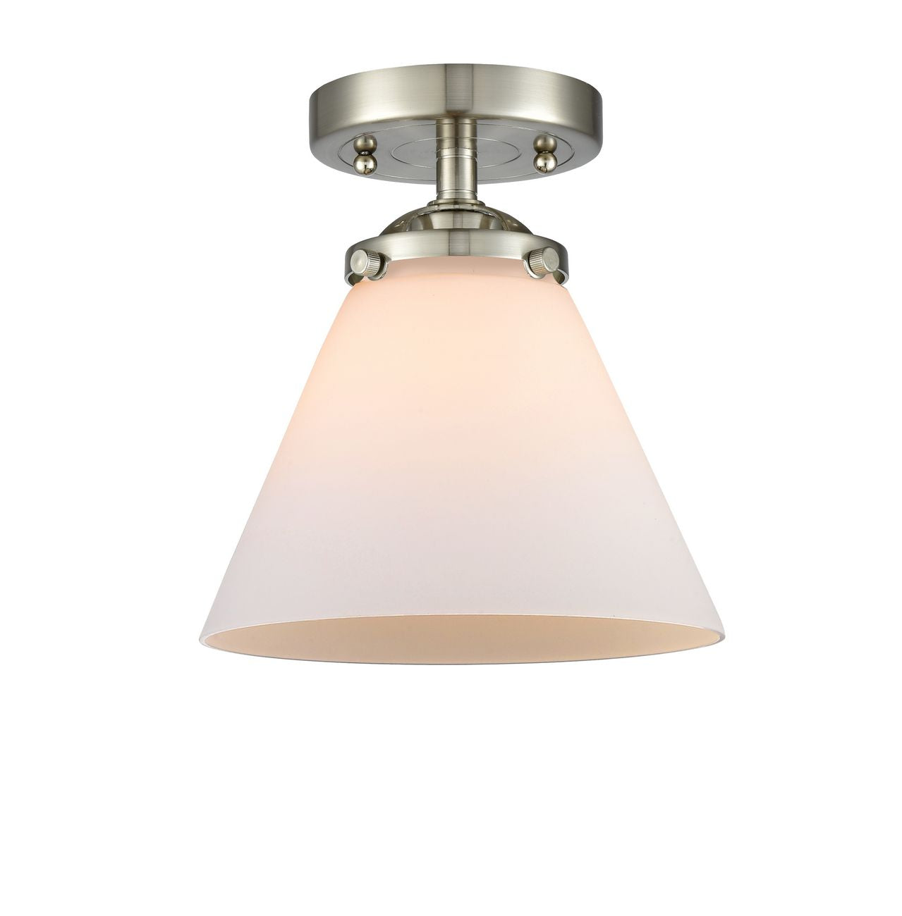 284-1C-SN-G41 1-Light 7.75" Brushed Satin Nickel Semi-Flush Mount - Matte White Cased Large Cone Glass - LED Bulb - Dimmensions: 7.75 x 7.75 x 8.375 - Sloped Ceiling Compatible: No
