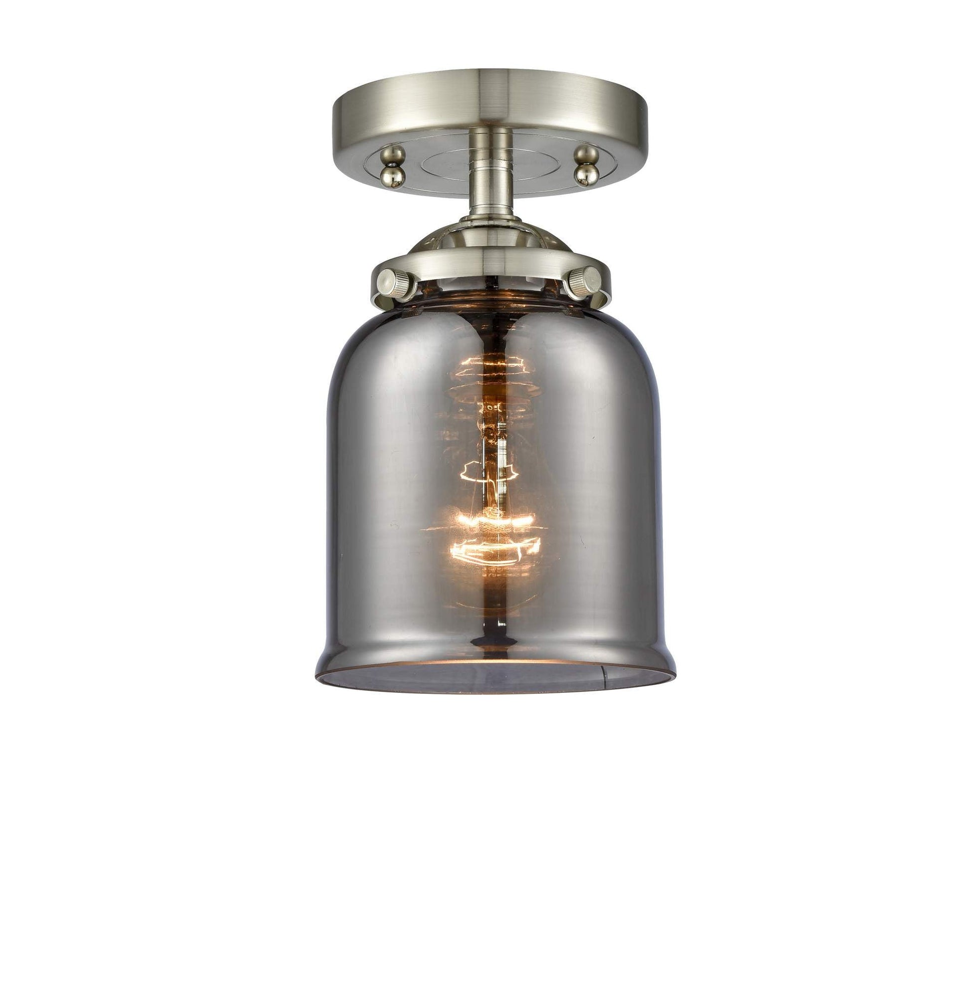 284-1C-SN-G53 1-Light 5" Brushed Satin Nickel Semi-Flush Mount - Plated Smoke Small Bell Glass - LED Bulb - Dimmensions: 5 x 5 x 8.125 - Sloped Ceiling Compatible: No
