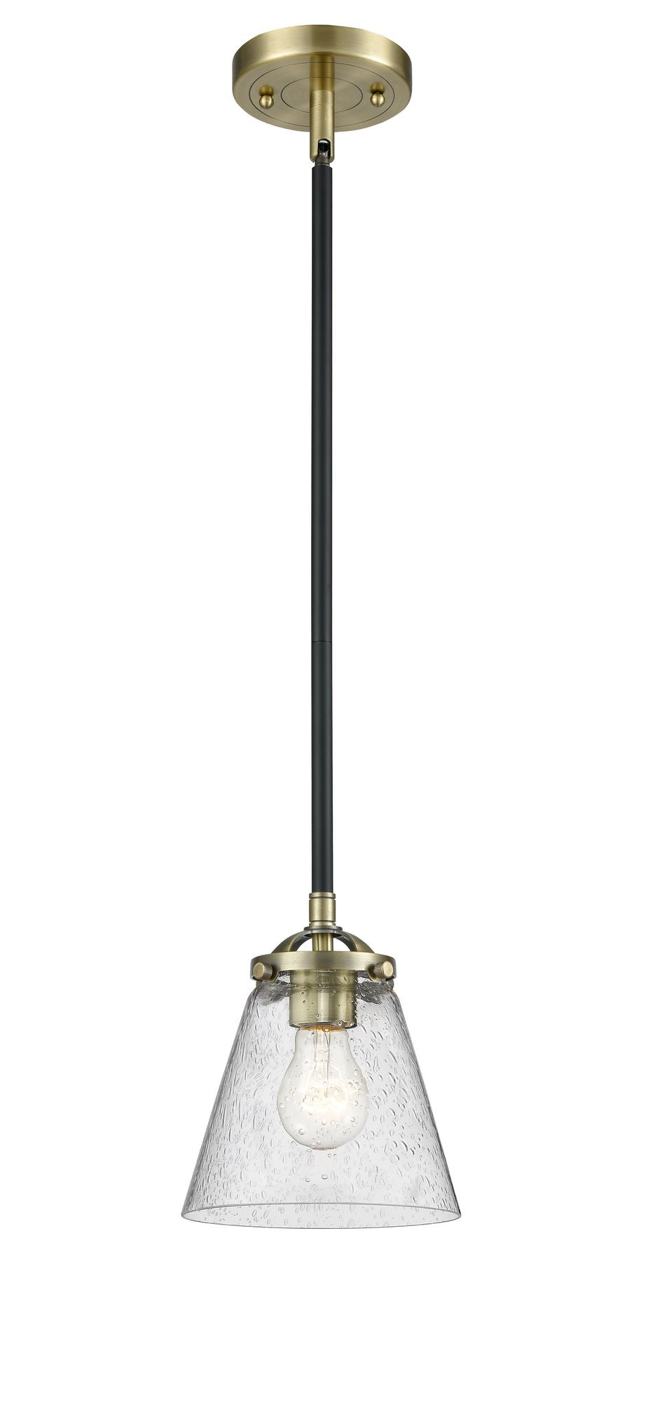 Stem Hung 6.25" Black Antique Brass Mini Pendant - Seedy Small Cone Glass LED