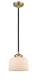 284-1S-BAB-G71 Stem Hung 8" Black Antique Brass Mini Pendant - Matte White Cased Large Bell Glass - LED Bulb - Dimmensions: 8 x 8 x 7.375<br>Minimum Height : 18<br>Maximum Height : 42 - Sloped Ceiling Compatible: Yes
