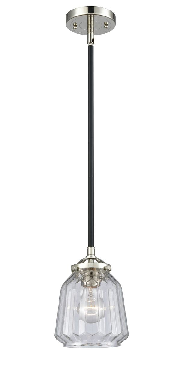 284-1S-BPN-G142 Stem Hung 7" Black Polished Nickel Mini Pendant - Clear Chatham Glass - LED Bulb - Dimmensions: 7 x 7 x 7.375<br>Minimum Height : 18<br>Maximum Height : 42 - Sloped Ceiling Compatible: Yes