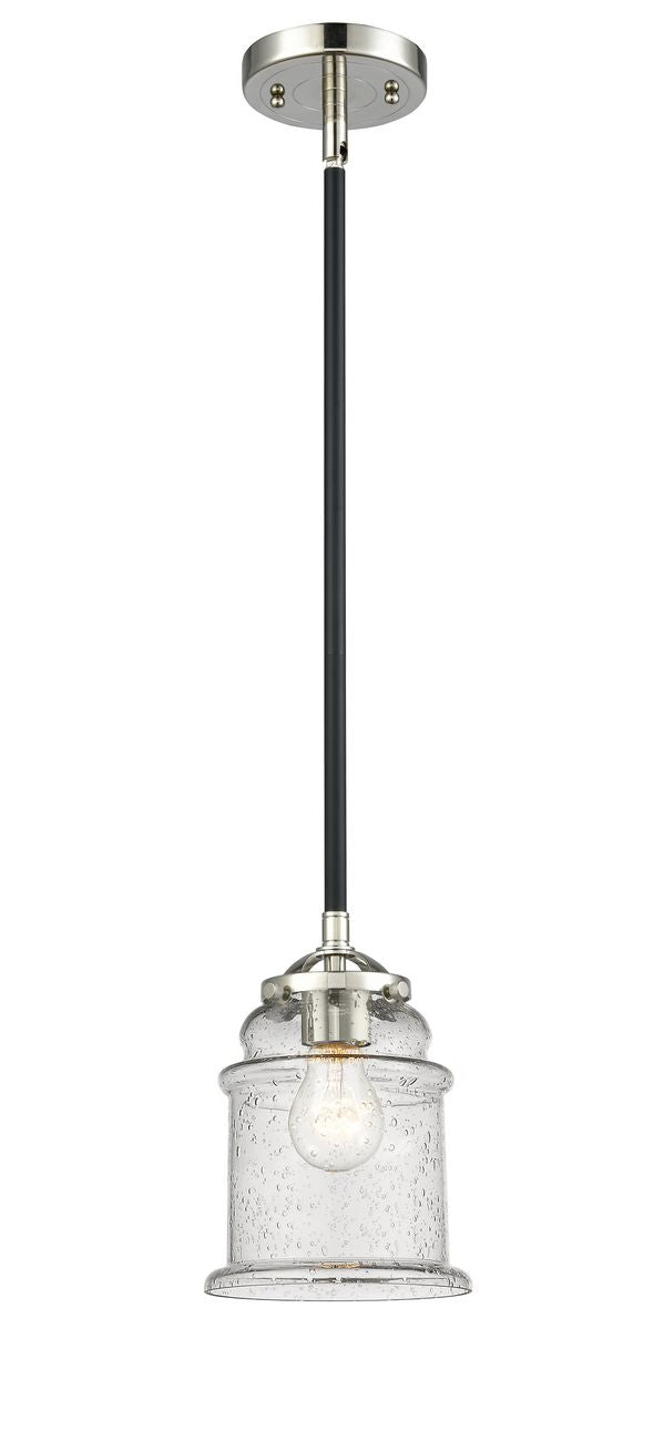 284-1S-BPN-G184 Stem Hung 6" Black Polished Nickel Mini Pendant - Seedy Canton Glass - LED Bulb - Dimmensions: 6 x 6 x 8.875<br>Minimum Height : 19.5<br>Maximum Height : 43.5 - Sloped Ceiling Compatible: Yes