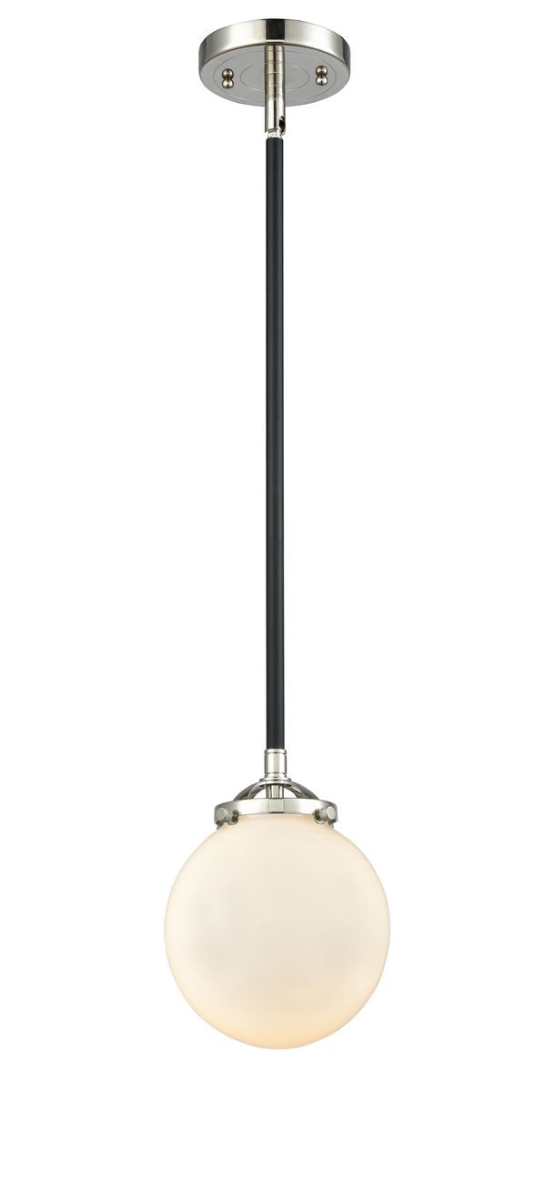 284-1S-BPN-G201-6 Stem Hung 6" Black Polished Nickel Mini Pendant - Matte White Cased Beacon Glass - LED Bulb - Dimmensions: 6 x 6 x 7.375<br>Minimum Height : 18<br>Maximum Height : 42 - Sloped Ceiling Compatible: Yes