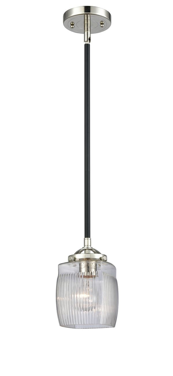 284-1S-BPN-G302 Stem Hung 5.5" Black Polished Nickel Mini Pendant - Thick Clear Halophane Colton Glass - LED Bulb - Dimmensions: 5.5 x 5.5 x 7.625<br>Minimum Height : 18.25<br>Maximum Height : 42.25 - Sloped Ceiling Compatible: Yes