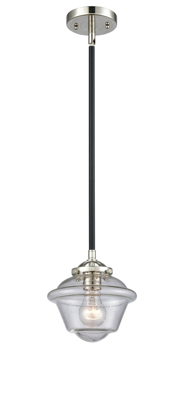284-1S-BPN-G534 Stem Hung 7.5" Black Polished Nickel Mini Pendant - Seedy Small Oxford Glass - LED Bulb - Dimmensions: 7.5 x 7.5 x 7.375<br>Minimum Height : 18<br>Maximum Height : 42 - Sloped Ceiling Compatible: Yes