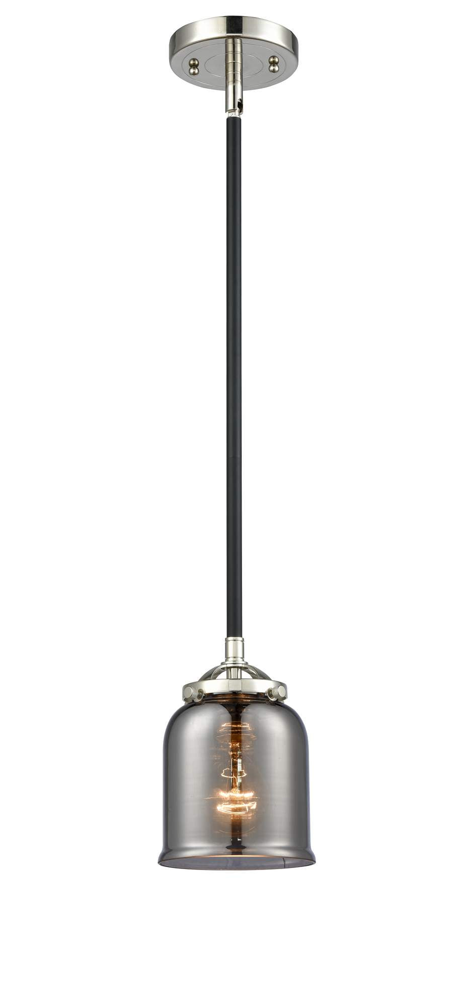 284-1S-BPN-G53 Stem Hung 5" Black Polished Nickel Mini Pendant - Plated Smoke Small Bell Glass - LED Bulb - Dimmensions: 5 x 5 x 7.375<br>Minimum Height : 18<br>Maximum Height : 42 - Sloped Ceiling Compatible: Yes
