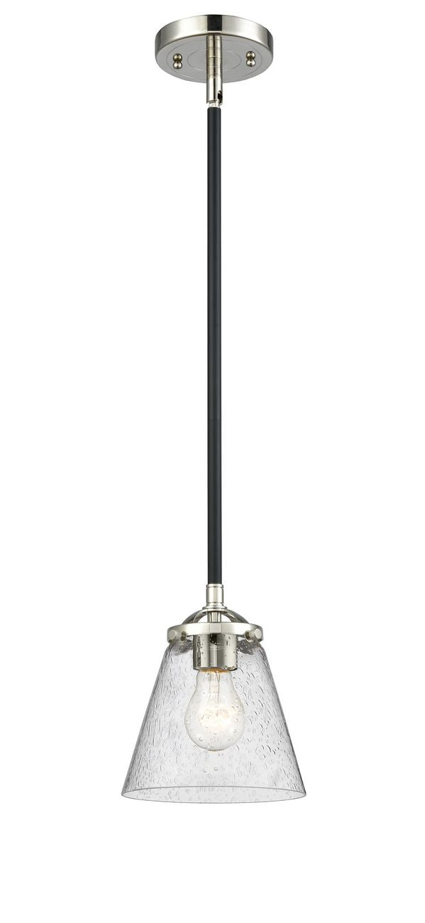 284-1S-BPN-G64 Stem Hung 6.25" Black Polished Nickel Mini Pendant - Seedy Small Cone Glass - LED Bulb - Dimmensions: 6.25 x 6.25 x 7.375<br>Minimum Height : 18<br>Maximum Height : 42 - Sloped Ceiling Compatible: Yes