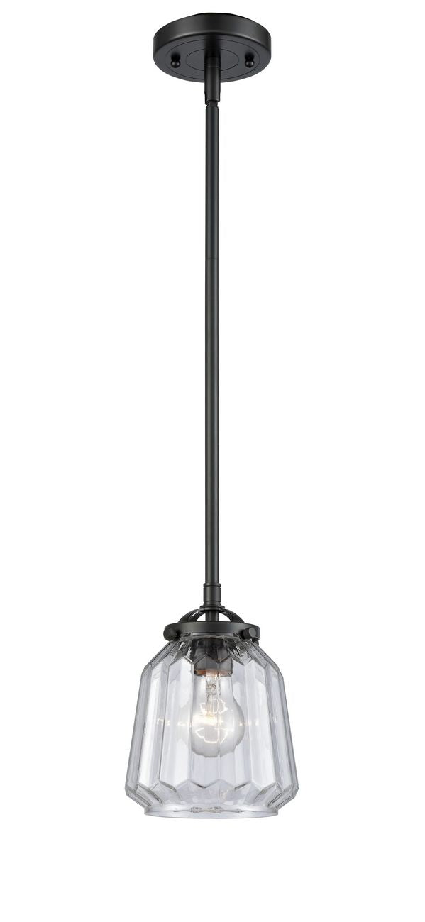 284-1S-OB-G142 Stem Hung 7" Oil Rubbed Bronze Mini Pendant - Clear Chatham Glass - LED Bulb - Dimmensions: 7 x 7 x 7.375<br>Minimum Height : 18<br>Maximum Height : 42 - Sloped Ceiling Compatible: Yes