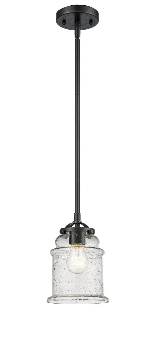 284-1S-OB-G184 Stem Hung 6" Oil Rubbed Bronze Mini Pendant - Seedy Canton Glass - LED Bulb - Dimmensions: 6 x 6 x 8.875<br>Minimum Height : 19.5<br>Maximum Height : 43.5 - Sloped Ceiling Compatible: Yes