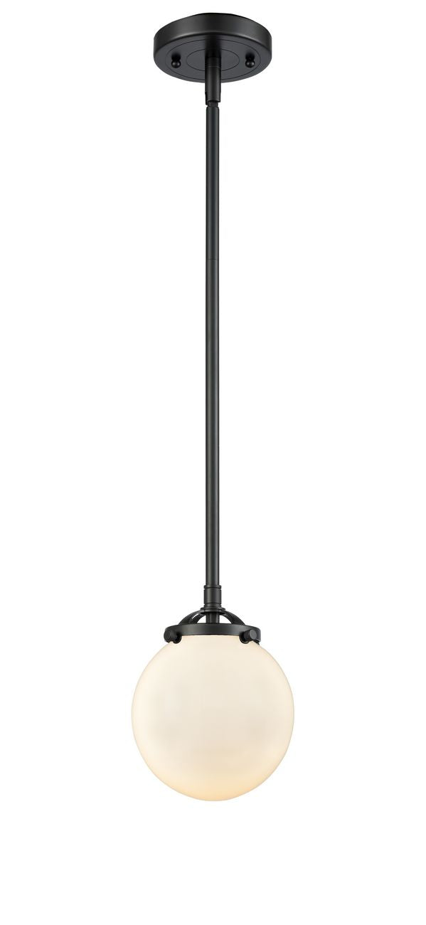284-1S-OB-G201-6 Stem Hung 6" Oil Rubbed Bronze Mini Pendant - Matte White Cased Beacon Glass - LED Bulb - Dimmensions: 6 x 6 x 7.375<br>Minimum Height : 18<br>Maximum Height : 42 - Sloped Ceiling Compatible: Yes