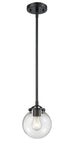 284-1S-OB-G202-6 Stem Hung 6" Oil Rubbed Bronze Mini Pendant - Clear Beacon Glass - LED Bulb - Dimmensions: 6 x 6 x 7.375<br>Minimum Height : 18<br>Maximum Height : 42 - Sloped Ceiling Compatible: Yes