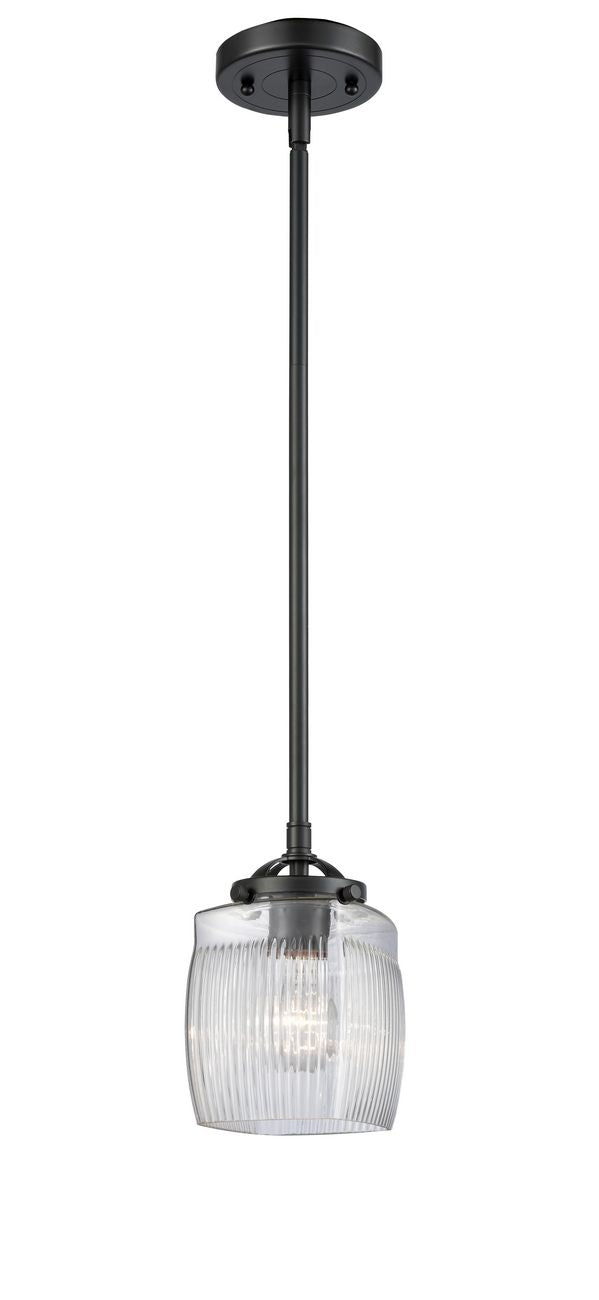 284-1S-OB-G302 Stem Hung 5.5" Oil Rubbed Bronze Mini Pendant - Thick Clear Halophane Colton Glass - LED Bulb - Dimmensions: 5.5 x 5.5 x 7.625<br>Minimum Height : 18.25<br>Maximum Height : 42.25 - Sloped Ceiling Compatible: Yes