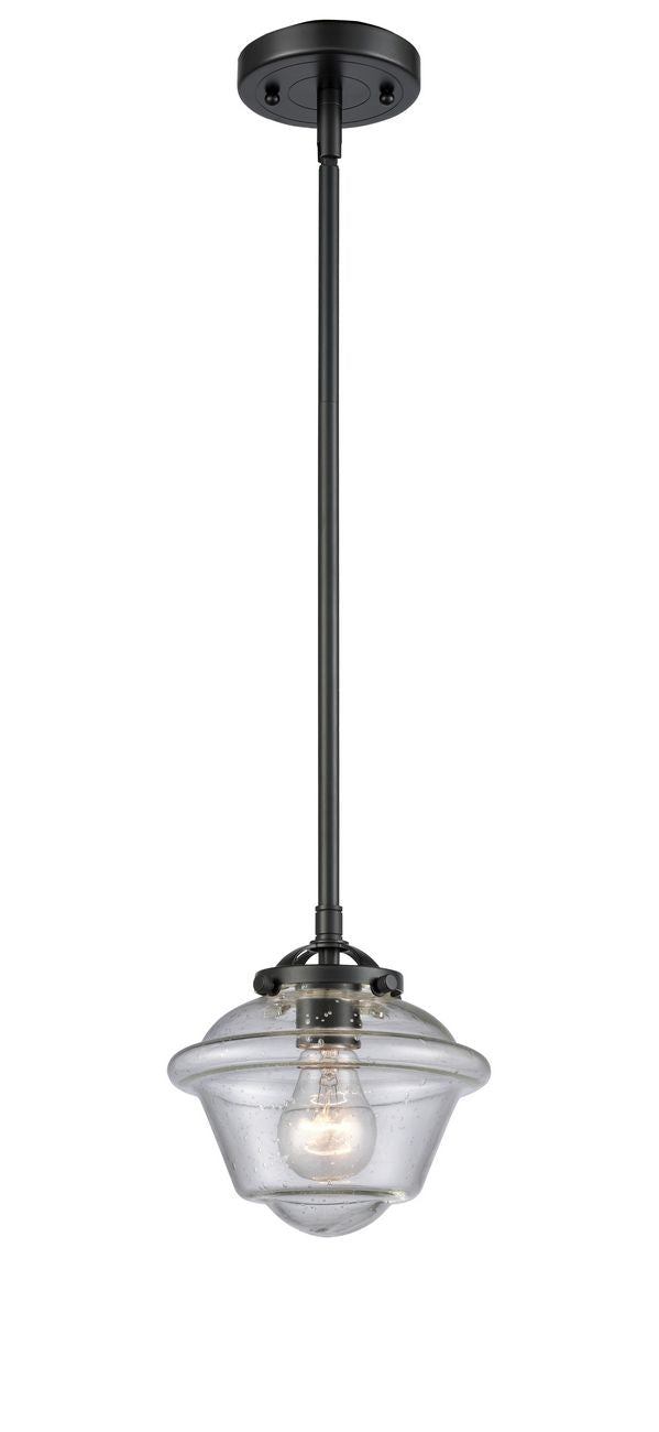 284-1S-OB-G534 Stem Hung 7.5" Oil Rubbed Bronze Mini Pendant - Seedy Small Oxford Glass - LED Bulb - Dimmensions: 7.5 x 7.5 x 7.375<br>Minimum Height : 18<br>Maximum Height : 42 - Sloped Ceiling Compatible: Yes
