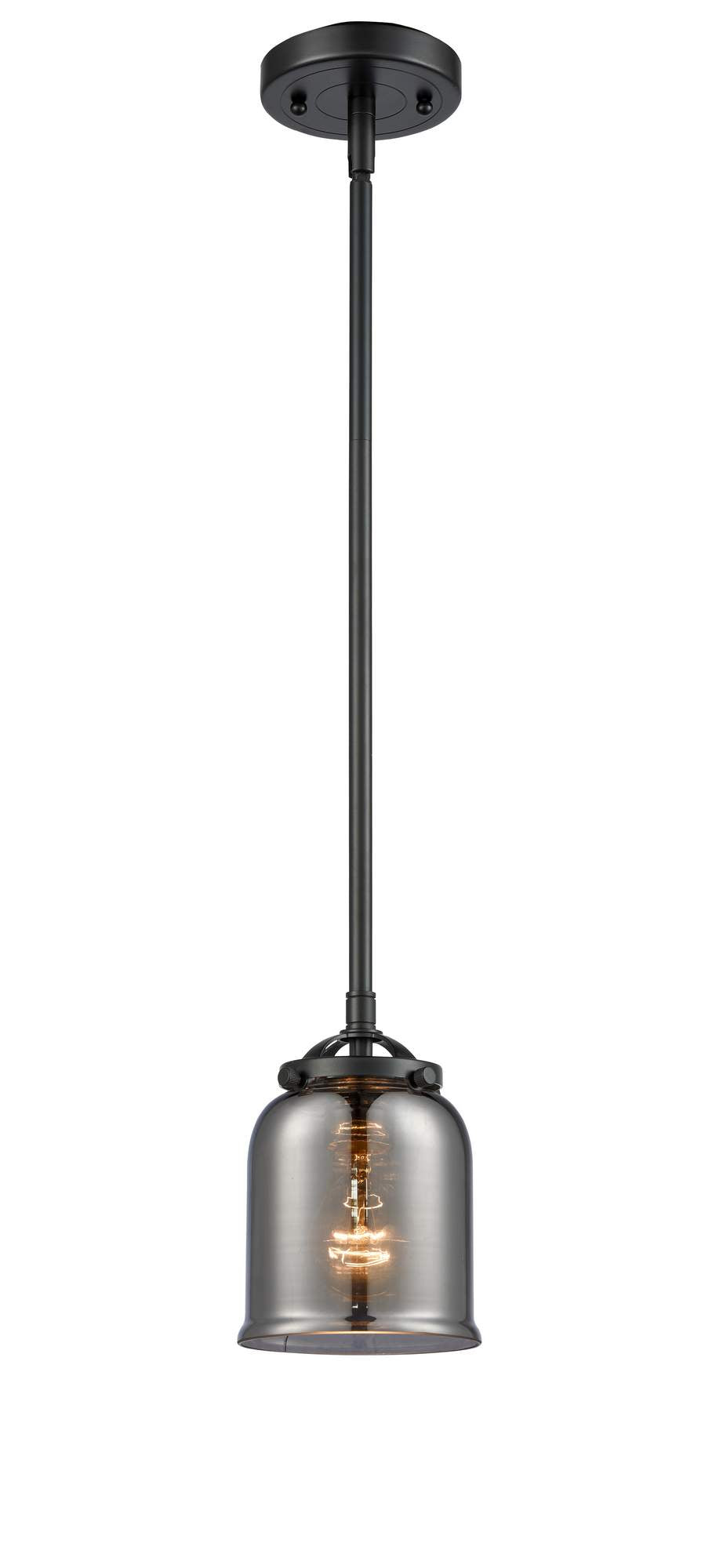 284-1S-OB-G53 Stem Hung 5" Oil Rubbed Bronze Mini Pendant - Plated Smoke Small Bell Glass - LED Bulb - Dimmensions: 5 x 5 x 7.375<br>Minimum Height : 18<br>Maximum Height : 42 - Sloped Ceiling Compatible: Yes
