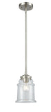 284-1S-SN-G182 Stem Hung 6" Brushed Satin Nickel Mini Pendant - Clear Canton Glass - LED Bulb - Dimmensions: 6 x 6 x 8.875<br>Minimum Height : 19.5<br>Maximum Height : 43.5 - Sloped Ceiling Compatible: Yes