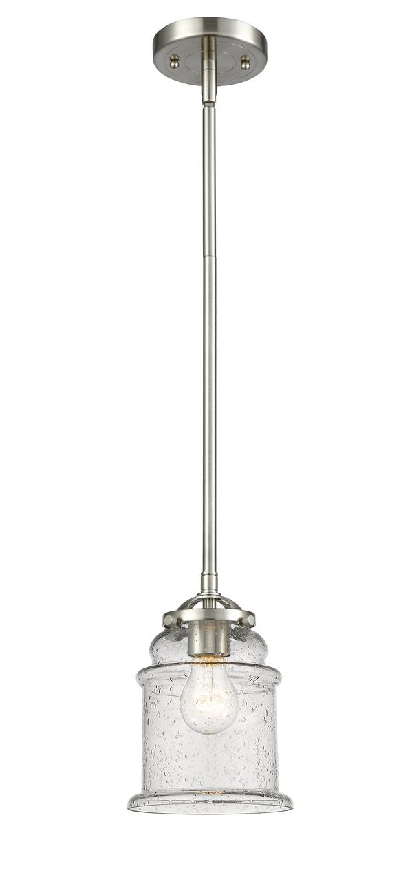 284-1S-SN-G184 Stem Hung 6" Brushed Satin Nickel Mini Pendant - Seedy Canton Glass - LED Bulb - Dimmensions: 6 x 6 x 8.875<br>Minimum Height : 19.5<br>Maximum Height : 43.5 - Sloped Ceiling Compatible: Yes