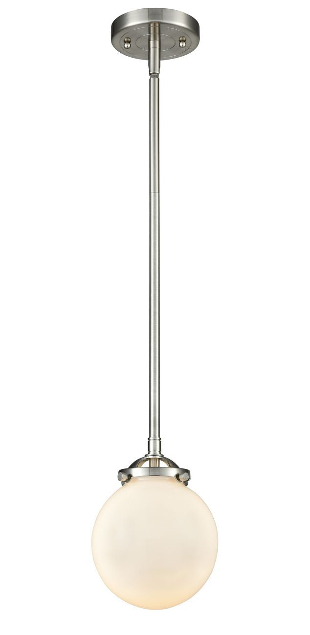 284-1S-SN-G201-6 Stem Hung 6" Brushed Satin Nickel Mini Pendant - Matte White Cased Beacon Glass - LED Bulb - Dimmensions: 6 x 6 x 7.375<br>Minimum Height : 18<br>Maximum Height : 42 - Sloped Ceiling Compatible: Yes