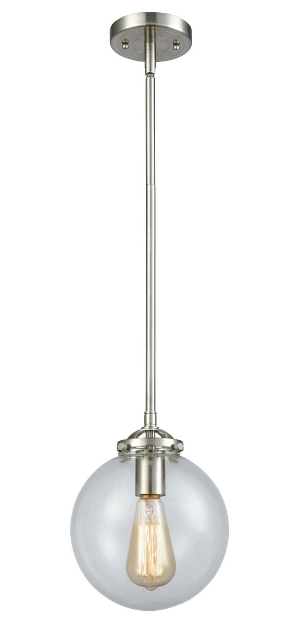 284-1S-SN-G202-8 Stem Hung 8" Brushed Satin Nickel Mini Pendant - Clear Beacon Glass - LED Bulb - Dimmensions: 8 x 8 x 9.375<br>Minimum Height : 20<br>Maximum Height : 44 - Sloped Ceiling Compatible: Yes