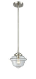 284-1S-SN-G532 Stem Hung 7.5" Brushed Satin Nickel Mini Pendant - Clear Small Oxford Glass - LED Bulb - Dimmensions: 7.5 x 7.5 x 7.375<br>Minimum Height : 18<br>Maximum Height : 42 - Sloped Ceiling Compatible: Yes