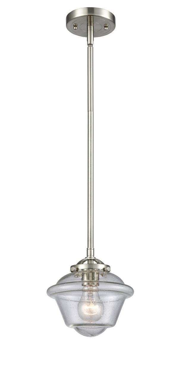 284-1S-SN-G534 Stem Hung 7.5" Brushed Satin Nickel Mini Pendant - Seedy Small Oxford Glass - LED Bulb - Dimmensions: 7.5 x 7.5 x 7.375<br>Minimum Height : 18<br>Maximum Height : 42 - Sloped Ceiling Compatible: Yes