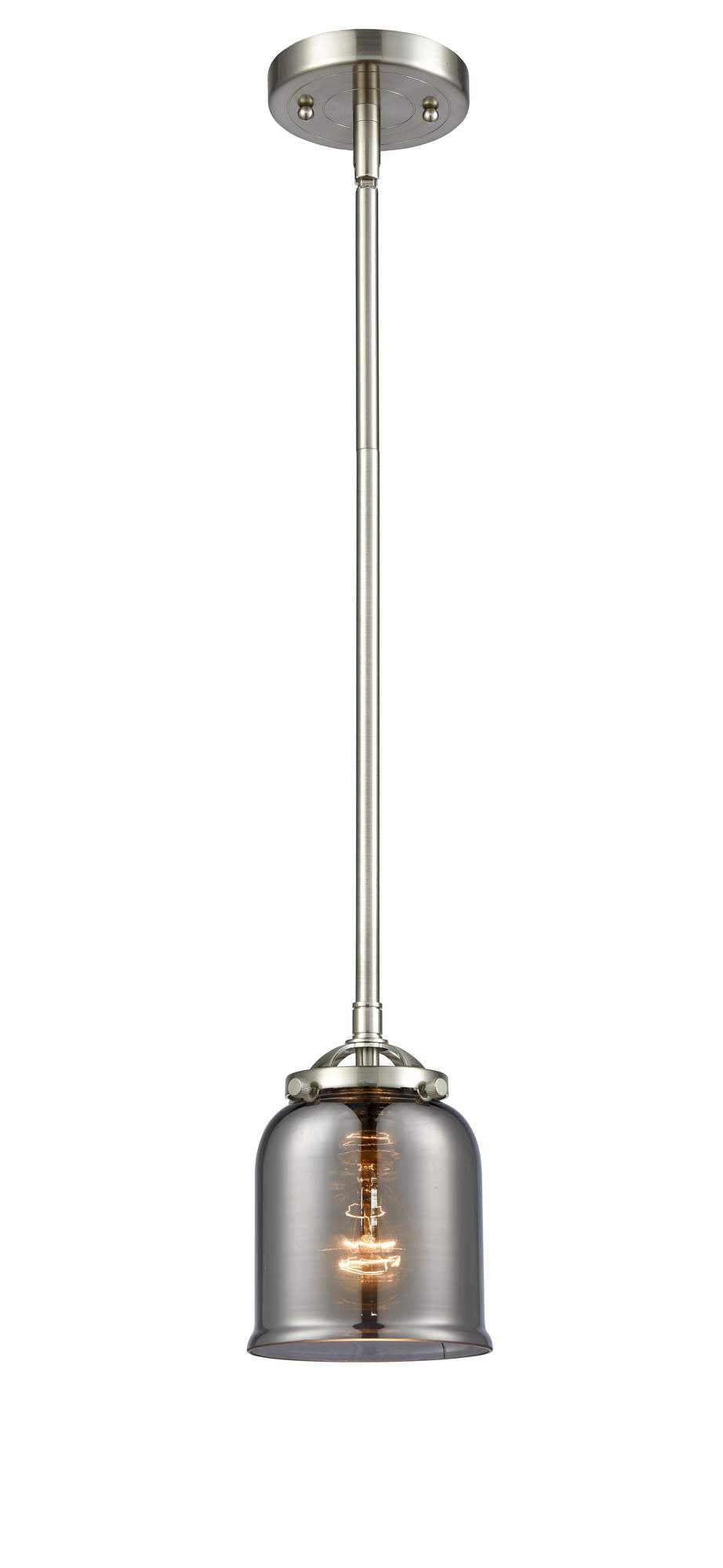 284-1S-SN-G53 Stem Hung 5" Brushed Satin Nickel Mini Pendant - Plated Smoke Small Bell Glass - LED Bulb - Dimmensions: 5 x 5 x 7.375<br>Minimum Height : 18<br>Maximum Height : 42 - Sloped Ceiling Compatible: Yes